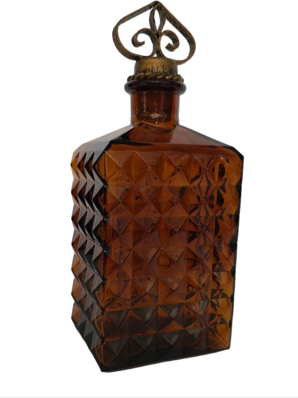 Vintage Amber Glass Decanter Made in Spain Mid Century Diamond Point Barware